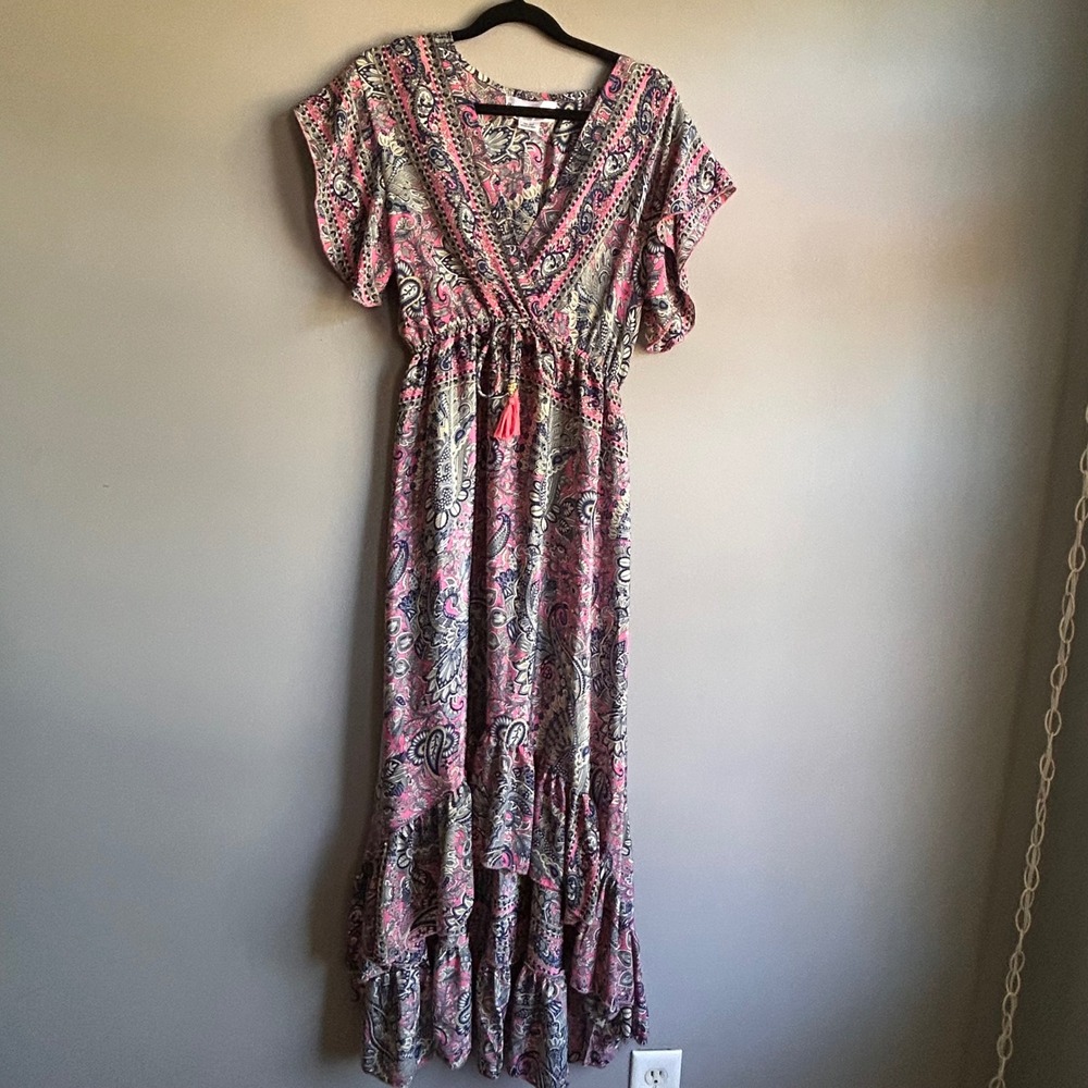 Jessica Taylor Pink Paisley 100% Silk Maxi Dress High Low Ruffle Tassel Boho S